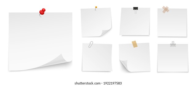 Set of sticky notes paper with push pin, adhesive tape, binder clip. Blank paper sheets for note. Front view. Templates for your message. Vector illustration.