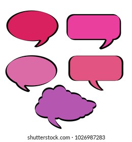 Set of sticky notes speech bubbles in red and pink colors with black lines.
