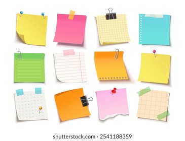 Set of sticky notes. Stickers for reminders and notes with pushpin and metal paper clip. Note papers with curled corner. Realistic 3D vector illustration collection isolated on white background