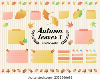 Set of sticky notes with watercolor-like fallen leaves and acorns in the motif of autumn leaves.