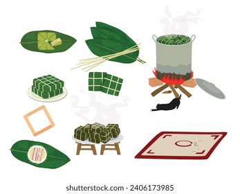 Set of Sticky rice cake, Banh chung, chung cake flat vector illustration isolated on white background. Elements for Tet holidays concept. Vietnamese traditional new year. Tet holiday. Tet festival.