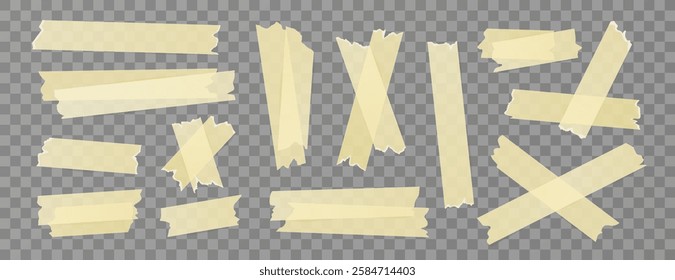 Set of sticky stripes, duct tapes, adhesive notes, stickers. Isolated elements on background. Collection of yellow papers for collages, office designs, reminders, scrapbooking. Vector illustrations.