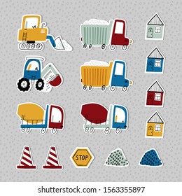 Set of stikers: Construction vehicles. Hand drawn graphic for typography poster, card, label, brochure, flyer, page, banner, baby wear, nursery.  Scandinavian style. Vector illustration