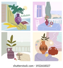 Set Still life abstract contemorary minimalism. Collection Vase flora intreior abstract elements shapes. Modern poster, banner, cover, social media content. Vector isolated