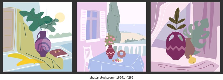 Set Still life abstract contemorary minimalism. Collection Vase flora intreior abstract elements shapes. Modern poster, banner, cover, social media content. Vector isolated