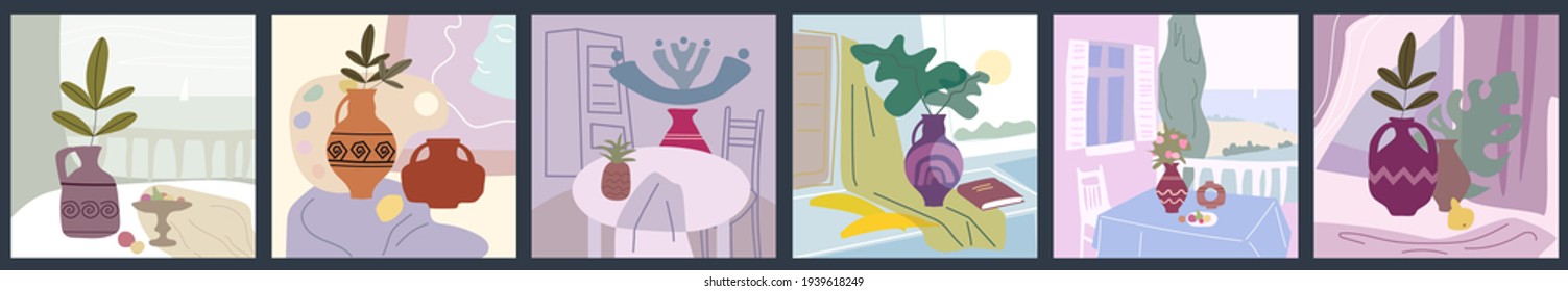 Set Still life abstract contemorary minimalism. Collection Vase flora intreior abstract elements shapes. Modern poster, banner, cover, social media content. Vector isolated