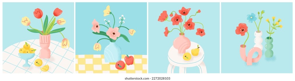 Conjunto de composiciones de vida residual. Ilustración vectorial de ramos de tulipán y anémona en jarrones coloridos. Flores florecientes y frutas en un estilo moderno y plano.