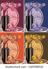 Set, still life in different colors - grapes, wine and wooden wine barrel.
