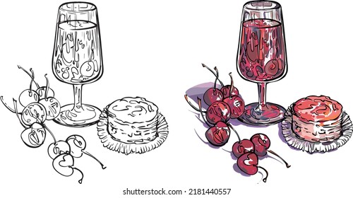 Set still life drawings cocktail glass and cherry cake vector line black   white   color watercolor drawing