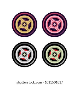 Set of stilyzed car wheels, rims. Vector illustration, isolated. Flat style.