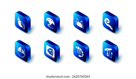 Set Stingray, Crab, Octopus of tentacle, Fishing harpoon, Shrimp, head, Shark fin soup and Scallop sea shell icon. Vector