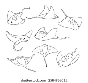 Set of stingray doodle collection, flamingo outline coloring page book animals for kindergarten, Vector line art set of animals wildlife, Hand drawn, Minimal stingray line art doodle in different pose