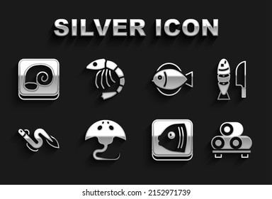 Set Stingray, Fish with sliced pieces, Sushi on cutting board, head, Eel fish, Octopus plate and Shrimp icon. Vector