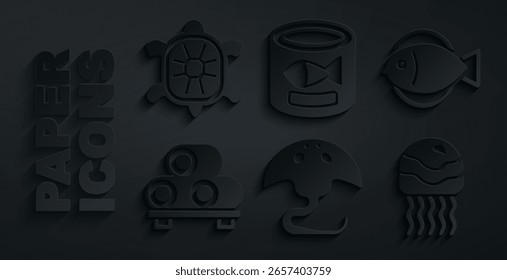 Conjunto de Stingray, pescado, sushi en la tabla de cortar, medusas, conservas y tortuga icono. Vector