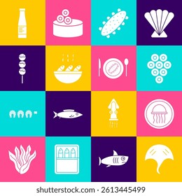 Set Stingray, Jellyfish on plate, Caviar, Sea cucumber, Fish soup, Takoyaki stick, Sauce bottle and Served icon. Vector