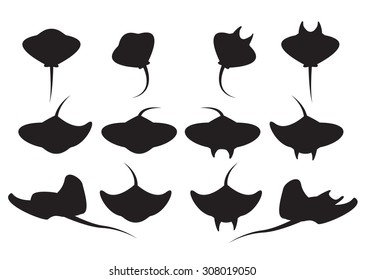 Set of stingray silhouette and icons in simple style. vector illustration.