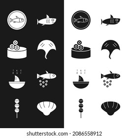 Set Stingray, Tin can with caviar, Served fish on plate, Shark, fin soup, Fish, Scallop sea shell and Takoyaki stick icon. Vector