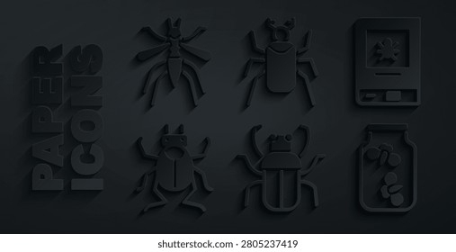 Set Stink bug, Book about insect, Beetle, Fireflies bugs jar,  and Mosquito icon. Vector
