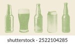 Set of stippled beer elements in retro style. Can, bottle, glass. Photocopy effect, vintage dotted texture. Perfect for craft beer branding, packaging, illustrations in bars, breweries, and pubs.