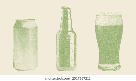 Set of stippled beer elements in retro style. Can, bottle, glass. Photocopy effect, vintage dotted texture. Perfect for craft beer branding, packaging, illustrations in bars, breweries, and pubs.