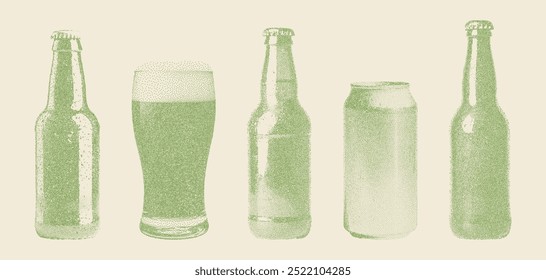 Set of stippled beer elements in retro style. Can, bottle, glass. Photocopy effect, vintage dotted texture. Perfect for craft beer branding, packaging, illustrations in bars, breweries, and pubs.