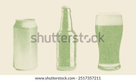Set of stippled beer elements in retro style. Can, bottle, glass. Photocopy effect, vintage dotted texture. Perfect for craft beer branding, packaging, illustrations in bars, breweries, and pubs.