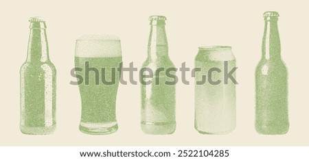 Set of stippled beer elements in retro style. Can, bottle, glass. Photocopy effect, vintage dotted texture. Perfect for craft beer branding, packaging, illustrations in bars, breweries, and pubs.