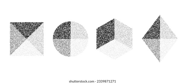 Set of stippled geometric shapes with faces. Black dotted square, circle, rhombus and hexagon collection. Textured noise grain dot work elements. Half tones and shadows gritty effect bundle. Vector