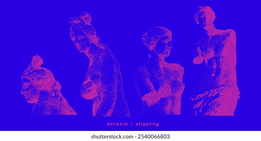 Set of stippling images of classic Greek Venus statues. Trendy aesthetic style illustration