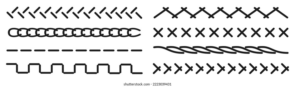 Set stitch sewing machine. Cut lines. Sewing stitches set seam - vector