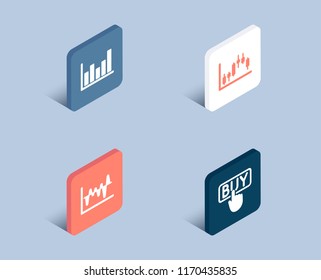 Set of Stock analysis, Column chart and Candlestick graph icons. Buying sign. Business trade, Financial graph, Finance chart. E-commerce shopping.  3d isometric buttons. Flat design concept. Vector