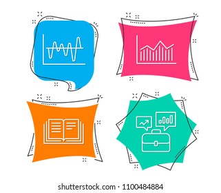 Set of Stock analysis, Money diagram and Education icons. Business portfolio sign. Business trade, Currency diagram, Instruction book. Job interview.  Flat geometric colored tags. Vivid banners