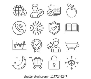 Set of Stock analysis, Parcel delivery and Education icons. Certificate, International recruitment and Lock signs. Shopping cart, Edit person and Dry cappuccino symbols. Vector