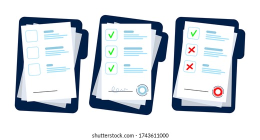 Set of Stock contract papers document folder with stamp and text stack of agreements document with signature.Vector illustration.