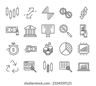 Set of stock exchange market stroke line icons. investment money vector illustrations