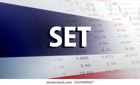 SET, Stock Exchange of Thailand. The primary stock market index of Thailand. Trading screen background. Candlestick pattern, Price line, and Price quotation.