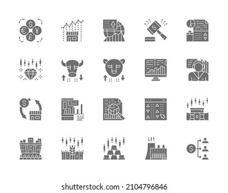 Set of Stock Market Grey Icons. Bull and Bear Market, Trader, Dividend and more.