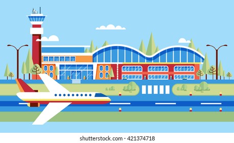 Set stock vector illustration airport, airplane, airstrip for flights, travel, business  in flat style element info graphic, website, games, motion design, video