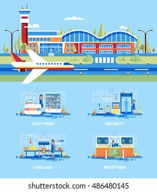 Set Stock vector illustration of the airport outside and inside in a flat style as an element for info graphics