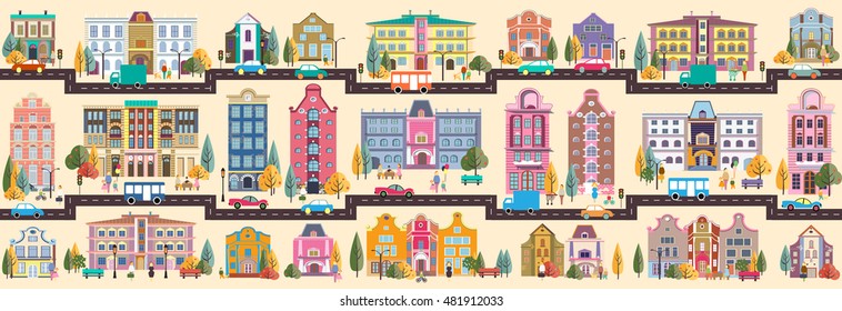Set stock vector illustration building style small business. Flat design infographics architecture town header title website background site banner footer corporate image picture backdrop street city