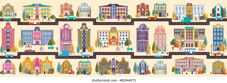 Set stock vector illustration building style small business. Flat design infographics architecture town header title website background site banner footer corporate image picture backdrop street city