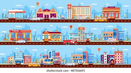 Set Stock vector Illustration set buildings style city business header title website Flat design banner footer site blue background corporate town police road bookstore bakery hospital police car