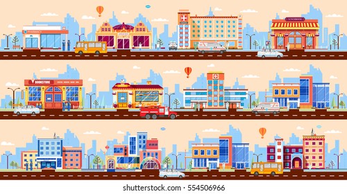 Set Stock vector Illustration set buildings style city business header title website Flat design banner footer site beige background corporate town police road bookstore bakery hospital police car 