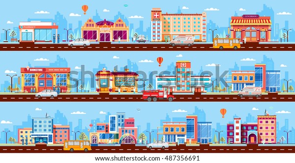 Set Stock vector Illustration set buildings style\
city business header title website Flat design banner footer site\
blue background corporate town police road bookstore bakery\
hospital police car