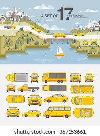 Set stock vector illustration cars, buildings with road, bridge, snow-capped mountains, park, field, tree, house, sailboat, wakeboarder near sea flat style element infographic, printed, website, icon