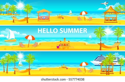 Set stock vector Illustration header title tourist website. Ship liner travel sea beach sand ocean palm iwave sun sky. Flat style design. Wide banner footer site background image picture backdrop