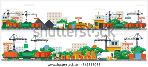 Set stock vector Illustration header title\
transport website. Flat style infographic city rail train tower\
crane railway transportation logistic traffic town. Banner image\
cityscape white background