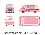 Set stock vector illustration isolated pink Ice cream car, on wheels top, front, side, back view flat style white background Element infographic, website, icon