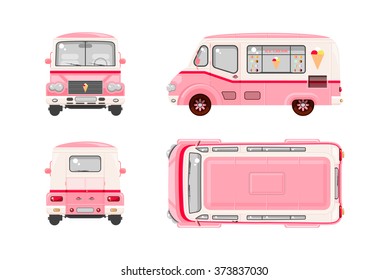 Set stock vector illustration isolated pink Ice cream car, on wheels top, front, side, back view flat style white background Element infographic, website, icon