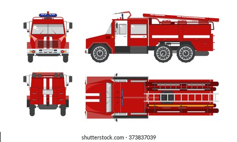 Set stock vector illustration isolated red fire engine top, front, side, back view flat style white background Element infographic, website, icon